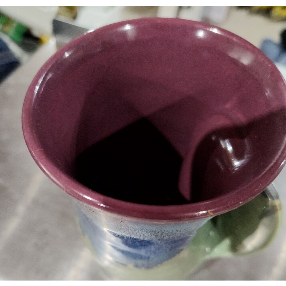 Neher Pottery Hand Warmer Mug Signed Right Hand Blue Green Purple Drip Glaze(617
